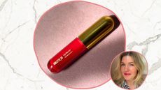 a marble frame containing a circular image of Violette FR Lip Nectar on a pink velvet backdrop and a smaller circular image of Beauty Editor fiona mckim wearing the lipstick and a blue and white stripy shirt