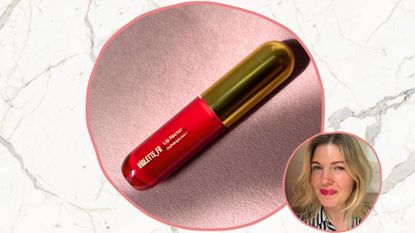 a marble frame containing a circular image of Violette FR Lip Nectar on a pink velvet backdrop and a smaller circular image of Beauty Editor fiona mckim wearing the lipstick and a blue and white stripy shirt