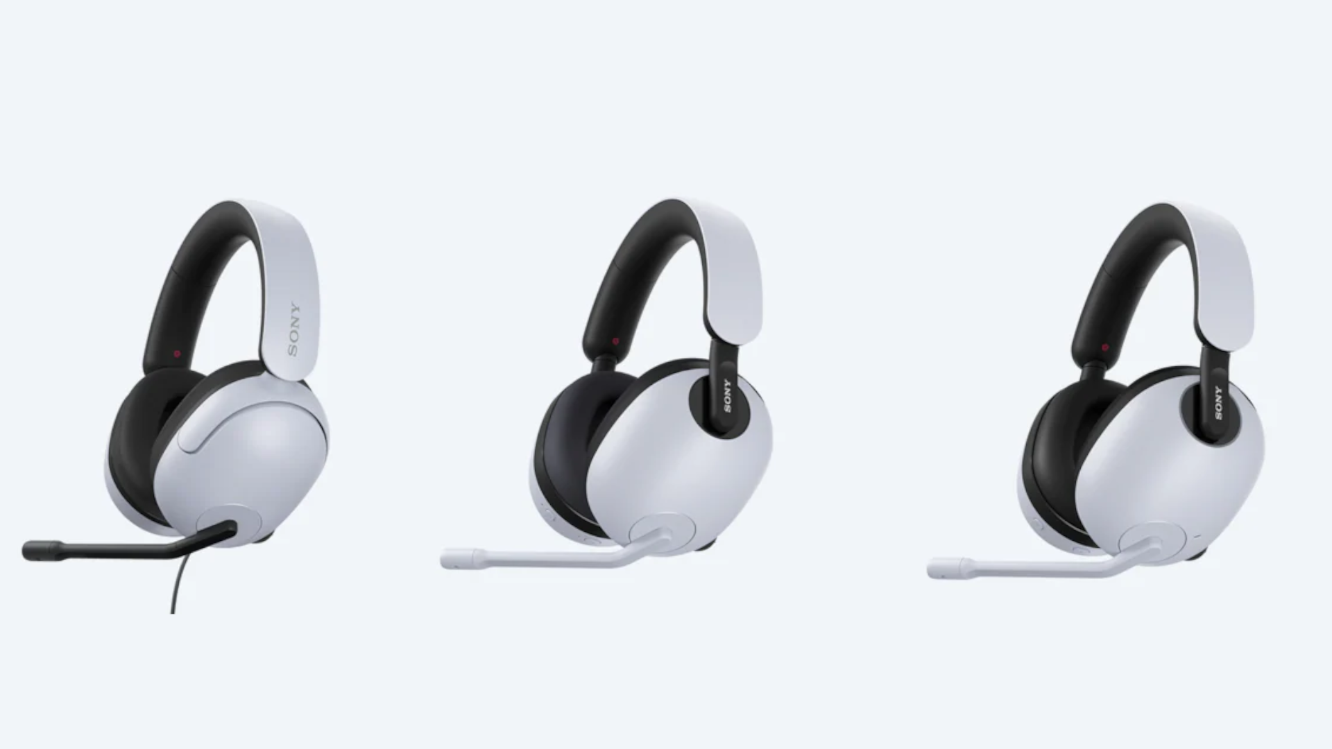 Product shot of three white headsets, one wire, two wireless, on white background