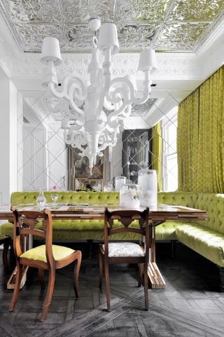 A green-toned dining room