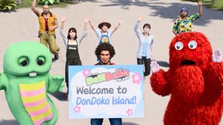 Yakuza holding a sign that says Welcome to Dondoko Island