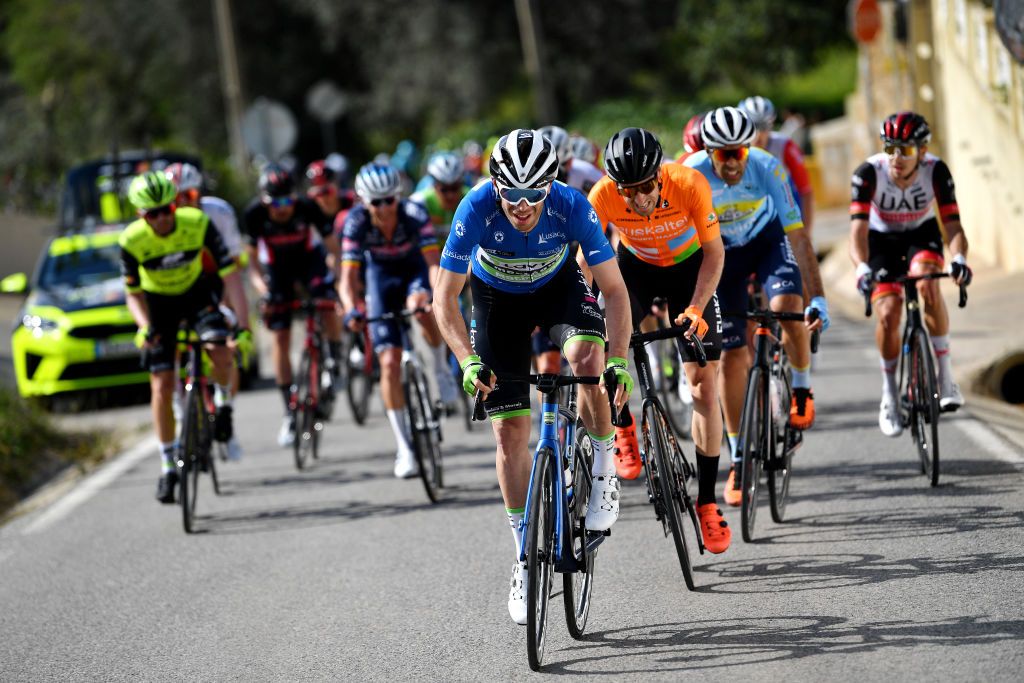 LOULE PORTUGAL FEBRUARY 20 Joo Carlos Arajo Matias of Portugal and Team TavferMortguaOvos Matinados blue mountain jersey competes during the 48th Volta Ao Algarve 2022 Stage 5 a 173km stage from Lagoa to MalhoLoul 514m VAlgarve2022 on February 20 2022 in Loule Portugal Photo by Luc ClaessenGetty Images