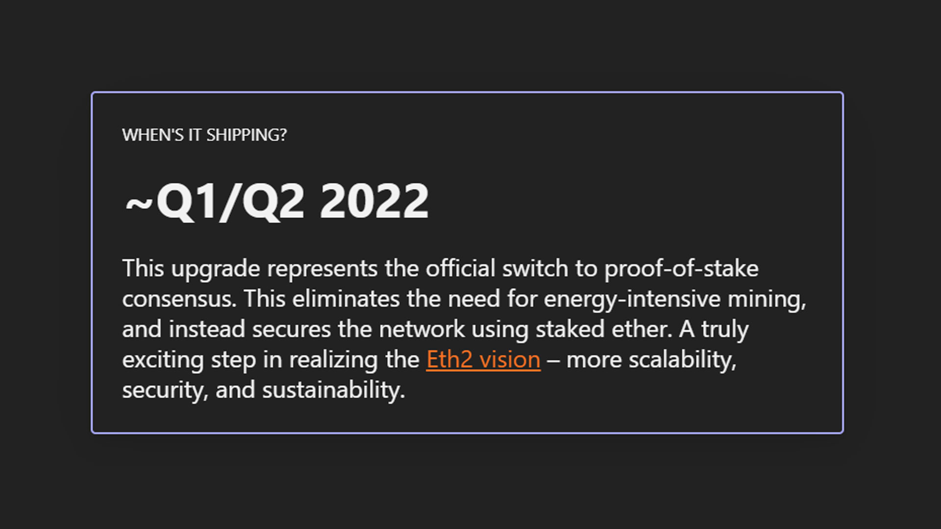 A notice confirming a Q1/Q2 2022 release of the merge