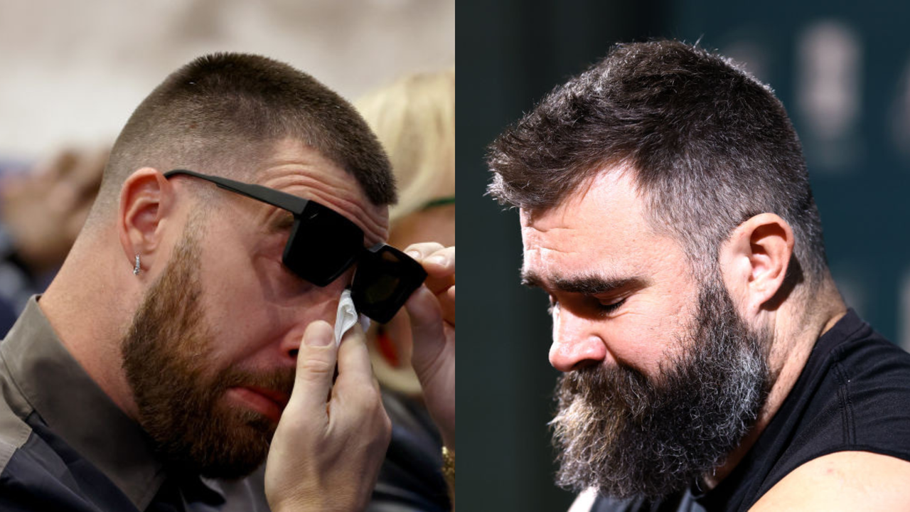 Jason Kelce and Travis Kelce crying over retirement