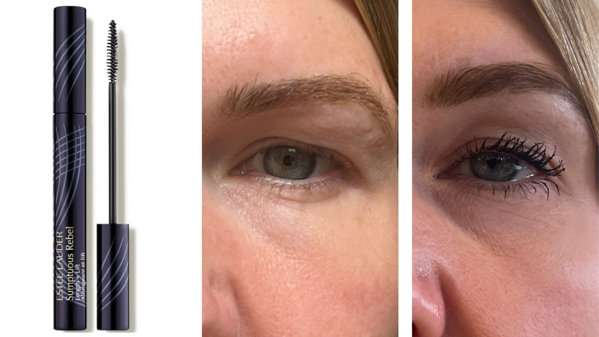 On the left is a product shot of the Estee Lauder Sumptuous Rebel Mascara on a white background, followed by a close-up, before and after picture of Digital Beauty Editor, Fiona McKim&#039;s eyelashes with and without the Estee Lauder mascara applied