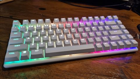 The Alienware Pro Wireless Gaming Keyboard showing off its RGB rainbow lighting
