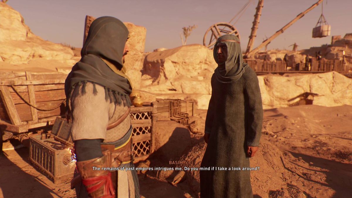 Assassin&#039;s Creed Mirage excavation site digger talking to Basim