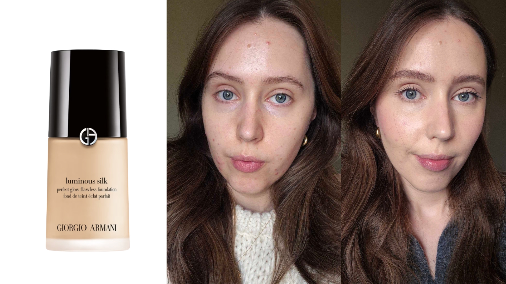On the left is a product shot of the Armani Luminous Silk foundation, pictured on a white background, followed by two pictures of Digital Beauty Writer, Naomi Jamieson. The first picture sees her without makeup, and the second shows her wearing the Armani foundation and a full face of makeup. 