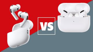 AirPods Pro 3 floating out of their case and AirPods Pro 2 in their case on a grey and red background