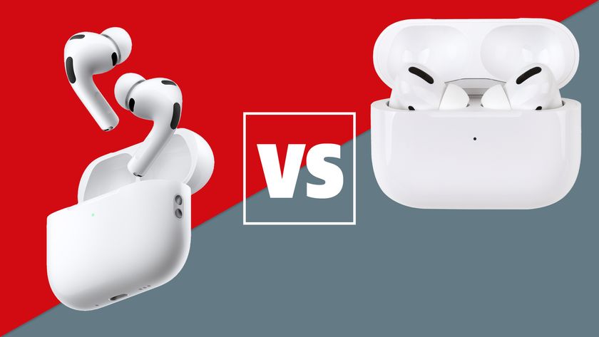 AirPods Pro 3 floating out of their case and AirPods Pro 2 in their case on a grey and red background