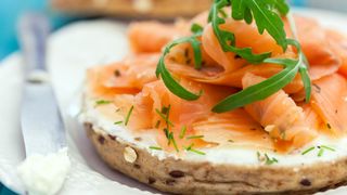 Smoked salmon and cream cheese on a wholemeal bagel