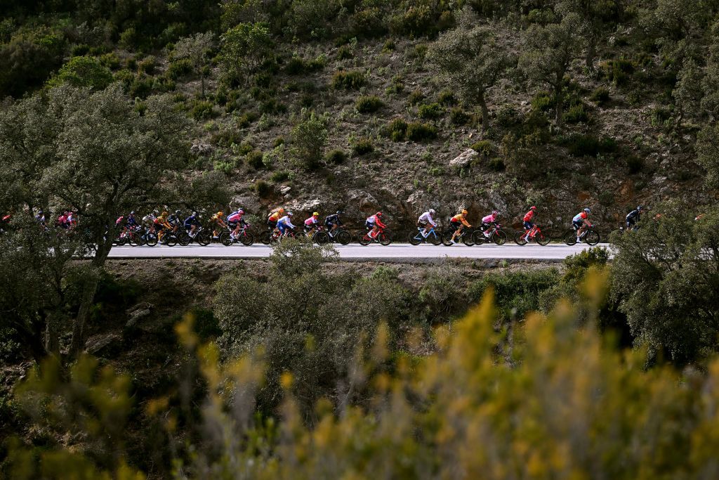 ANTIBES FRANCE FEBRUARY 18 A general view of the peloton competing during the 55th Tour Des Alpes Maritimes Et Du Var 2023 Stage 2 a 1794km stage from MandelieulaNapoule to Antibes tour0683 on February 18 2023 in Antibes France Photo by Luc ClaessenGetty Images