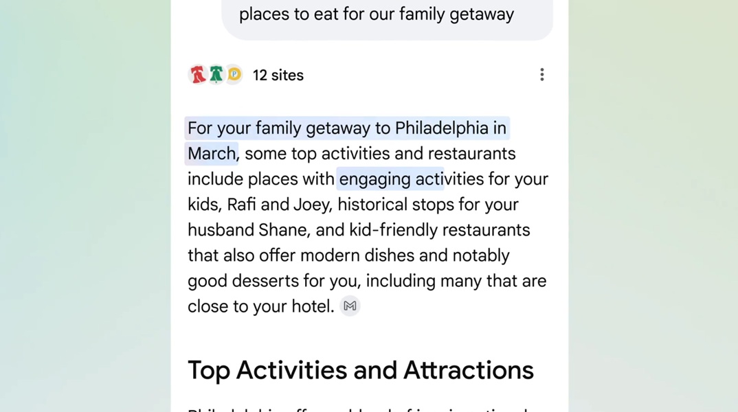 Personal Intelligence in AI Mode helps a user with a planning activities for an upcoming family trip.