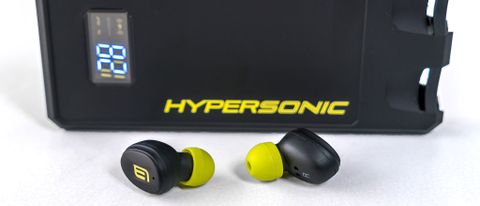 LinearFlux HyperSonic 360 earbuds in front of case.