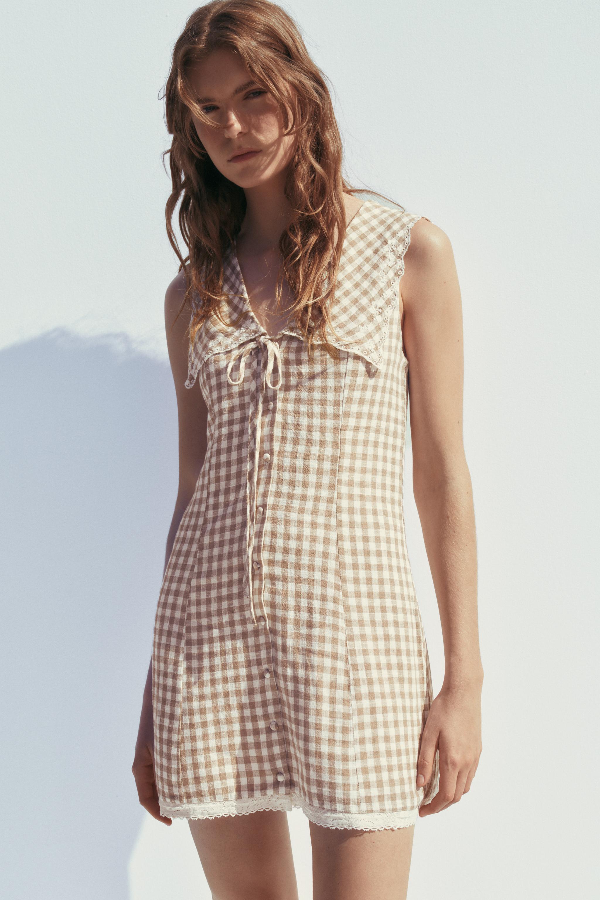 Gingham Short Dress With Peter Pan Collar
