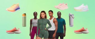 Products and models on green background