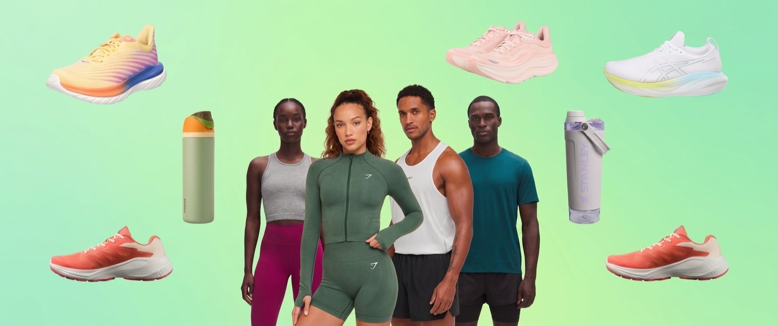 Products and models on green background
