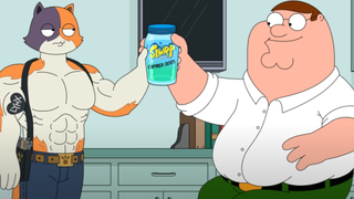 Peter Griffin and Meowscles share a tender moment over a jug of expired Fortnite slurp juice.