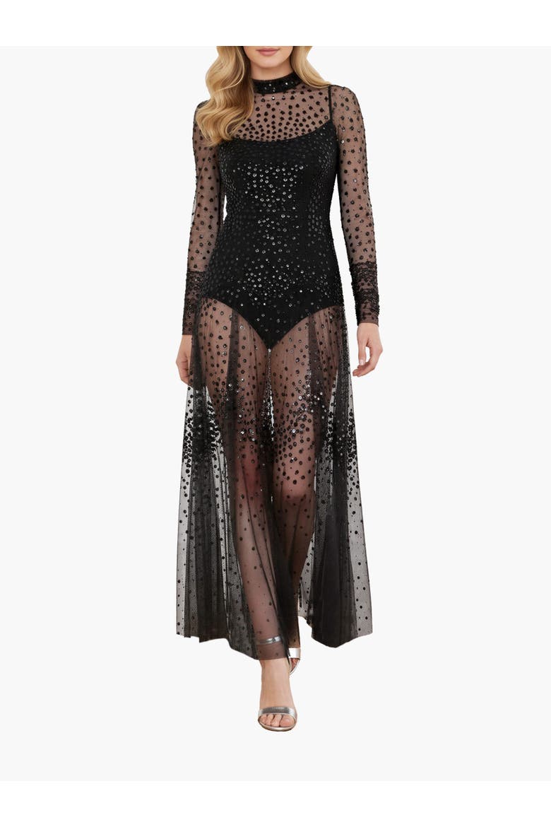 Scallop Sequin Sheer Bow Ankle Gown