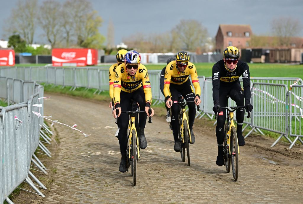Belgian Wout van Aert of Team JumboVisma L and JumboVisma riders pictured during preparations of several teams on the track ahead of the Ronde van Vlaanderen Tour des Flandres Tour of Flanders cycling race Thursday 30 March 2023 The 107th edition of the cycling race will take place on Sunday 02 April BELGA PHOTO DIRK WAEM Photo by DIRK WAEM BELGA MAG Belga via AFP Photo by DIRK WAEMBELGA MAGAFP via Getty Images