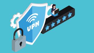 Abstract illustration of a young adult using a laptop on a 5 star rating bar, next to a blue shield and padlock representing a VPN