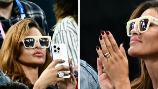 On the left, a close up of Eva Mendes wearing cream sunglasses whilst holding her phone at the artistic gymnastics women's uneven bars final during the Paris 2024 Olympic Games at the Bercy Arena in Paris, on August 4, 2024, alongside a close up of her square burgundy nails from the same event.