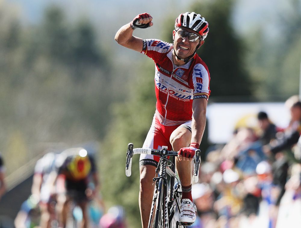 Joaquim Rodriguez Oliver of Spain and Katusha crosses the finish line to win the 76th La Fleche Wallonne 2012.