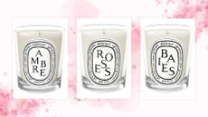 three of the best diptyque candles - Ambre, Roses and Baies on a pink background