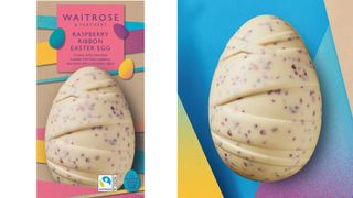 Side by side photo of Waitrose's White chocolate Raspberry Ribbon Egg with colourful background