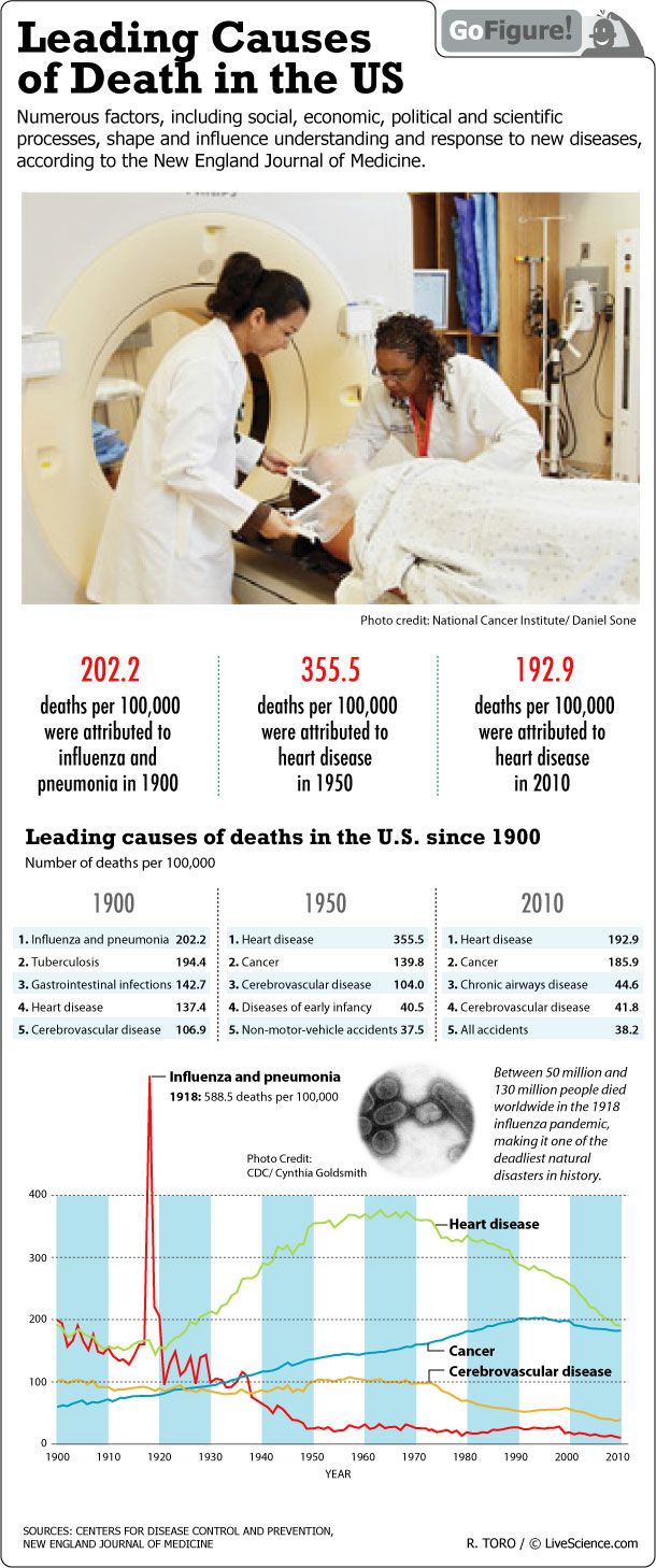 The 20th century saw big strides in defeating many illnesses, but heart disease and cancer are still the major causes of death in the United States.