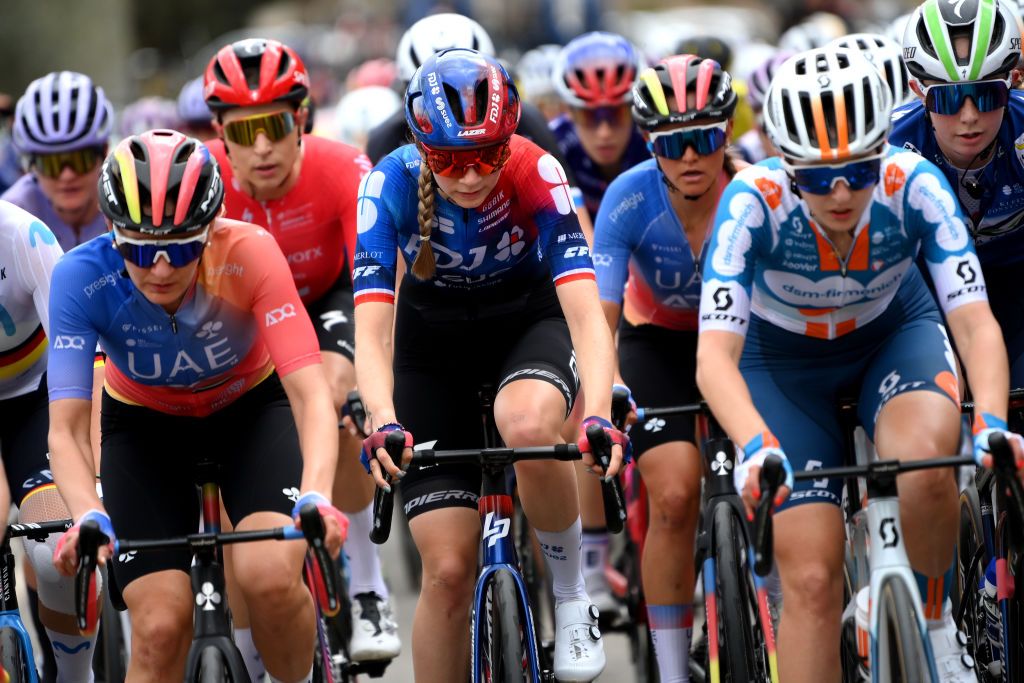 TERUEL SPAIN APRIL 30 Evita Muzic of France and Team FDJ SUEZ competes during the 10th La Vuelta Femenina 2024 Stage 3 a 1303km stage from Lucena del Cid to Teruel UCIWWT on April 30 2024 in Teruel Spain Photo by Alex BroadwayGetty Images
