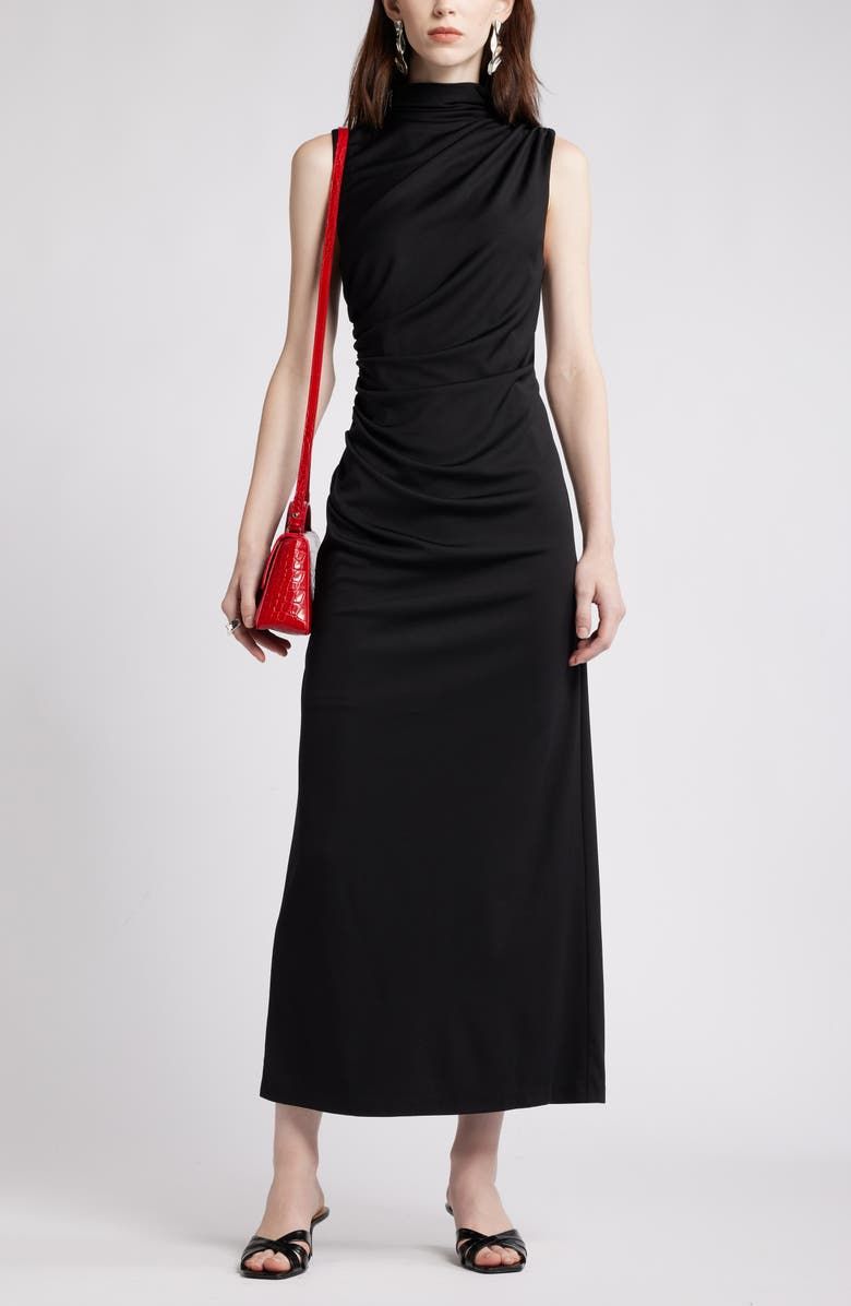 Ruched Mock Neck Sleeveless Maxi Dress