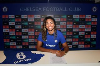 Catarina Macario poses for a photograph as she signs for Chelsea FC Women at Stamford Bridge on June 09, 2023 in London, England