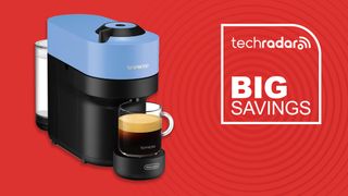 Nespresso Vertuo Pop in Pacific Blue on a red background with "Big Savings" text in white.