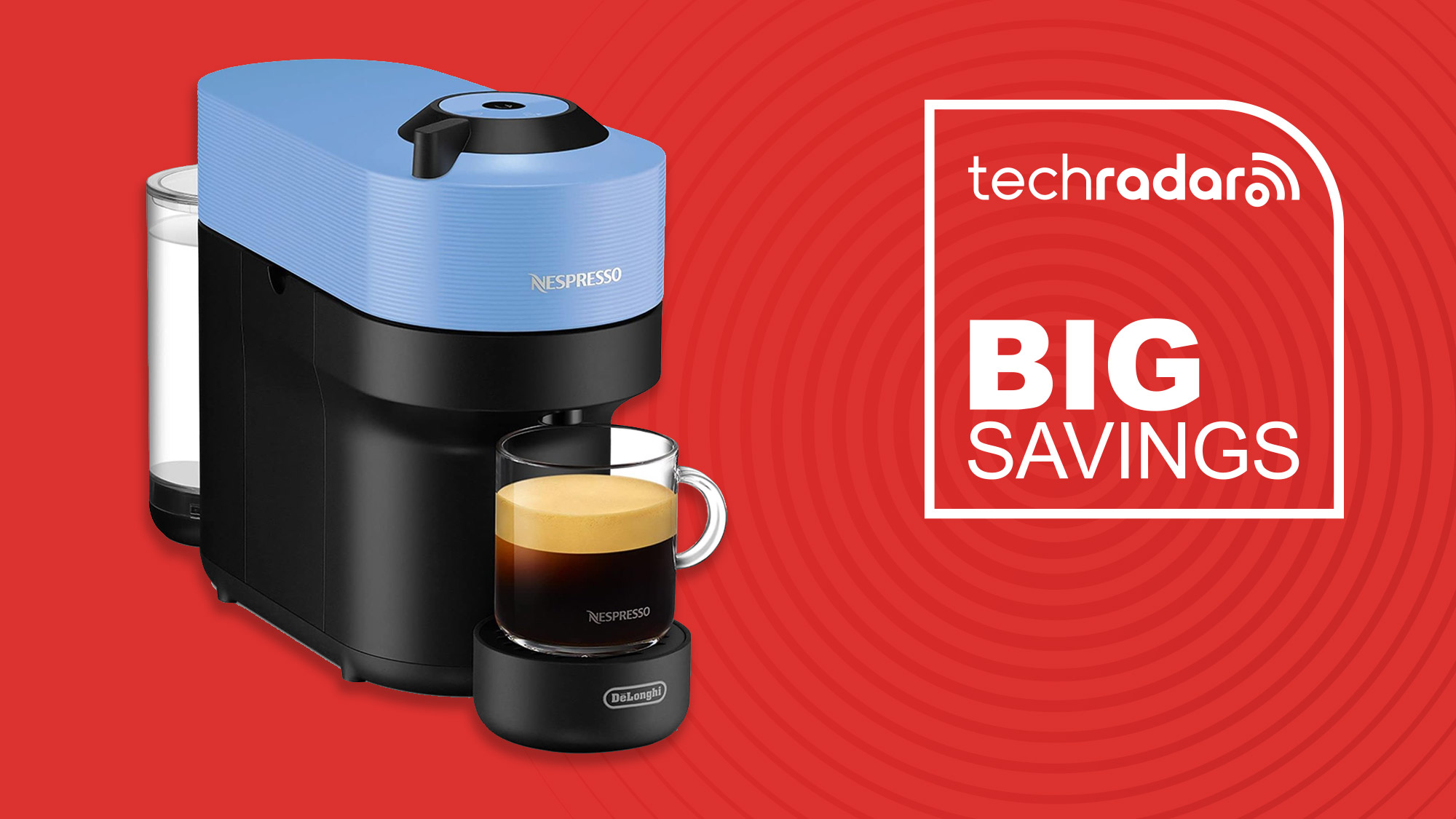 Nespresso Vertuo Pop in Pacific Blue on a red background with "Big Savings" text in white.
