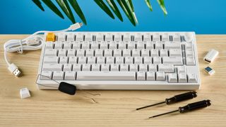 A white Lemokey P1 HE magnetic keyboard