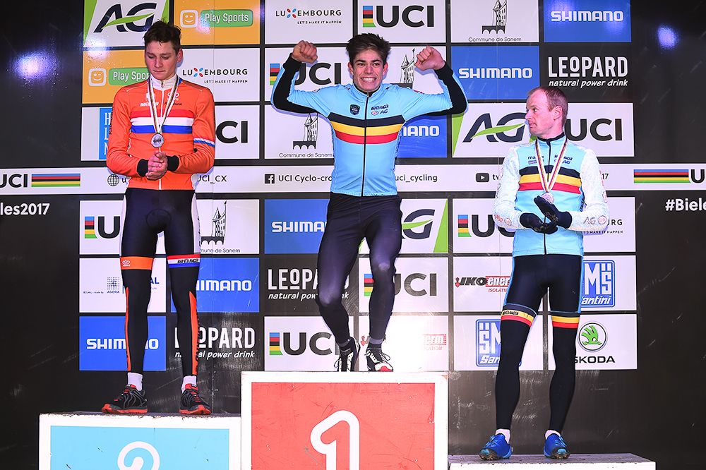 Mathieu van der Poel, Wout Van Aert and Kevin Pauwels on the World Championship podium