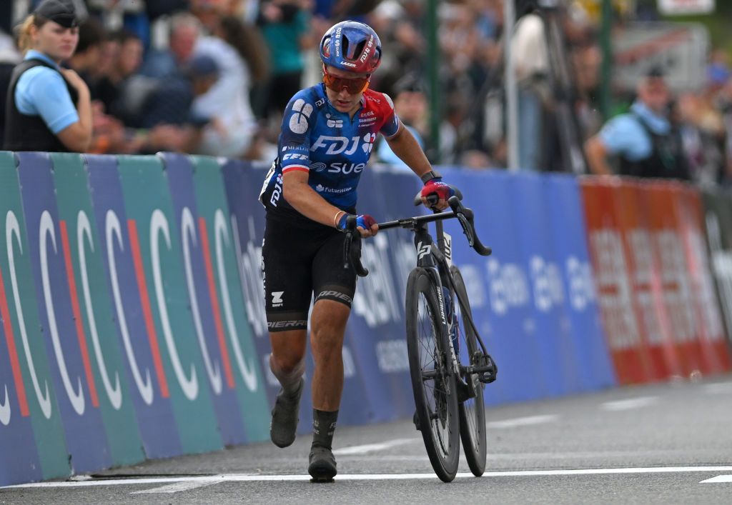 PLOUAY FRANCE AUGUST 24 Jade Wiel of France and Team FDJ SUEZ crosses the finish line after being involved in a crash during the 24th GP de Plouay Lorient Agglomeration Trophee CERA 2024 a 158km one day race from Plouay to Plouay UCIWWT on August 24 2024 in Plouay France Photo by Luc ClaessenGetty Images