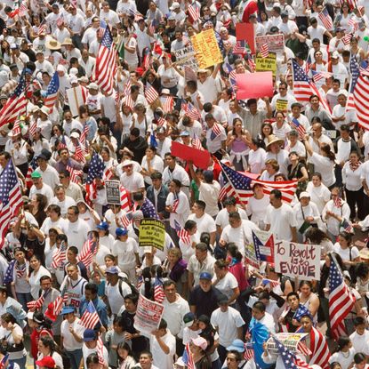 Large crowds marching during Immigration Bill Rally in Los Angeles - stock photo