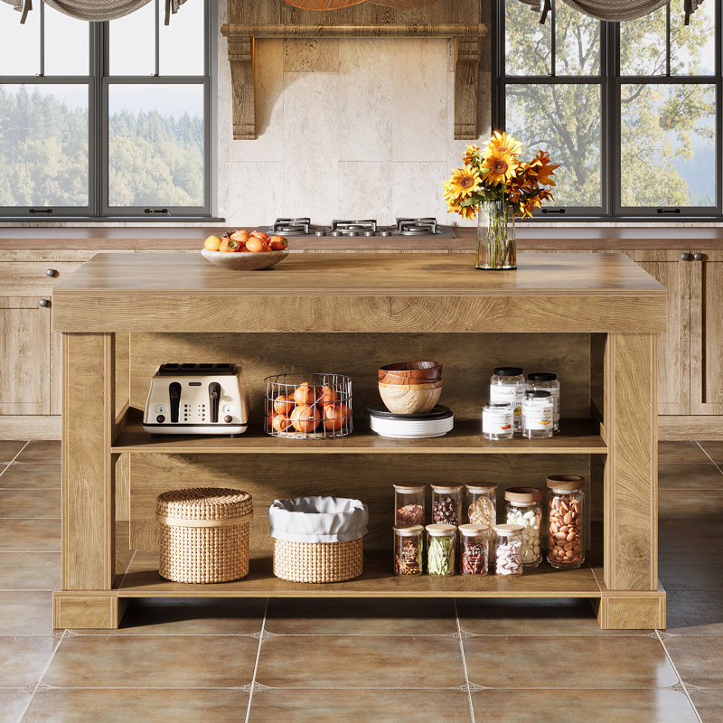 Millwood Pines Kitchen Island With Storage Shelves, 55 Inch Kitchen Shelf With Large Worktop, Stable Wooden Structure, Farmhouse Style & Reviews | Wayfair