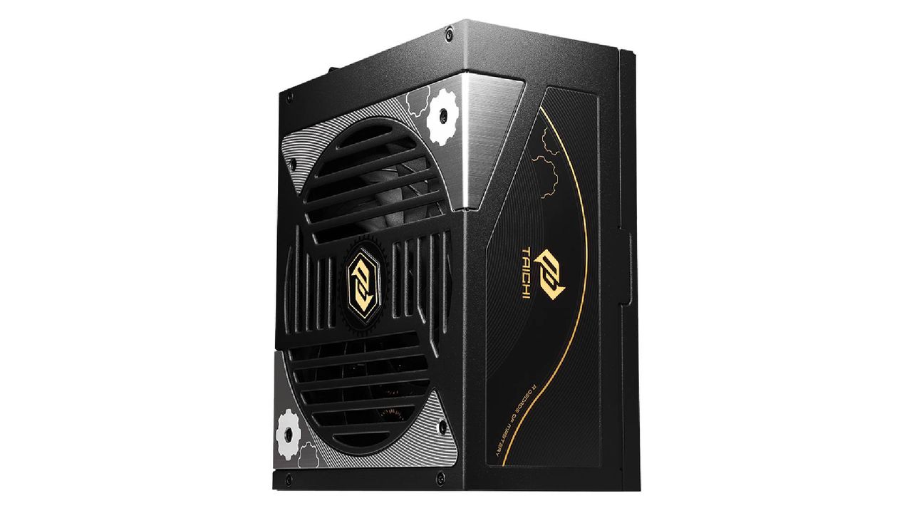 ASRock Taichi 10th anniversary power supply on white backdrop.