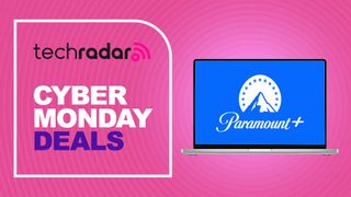 A Cyber Monday deals sign next to a laptop displaying the Paramount+ logo
