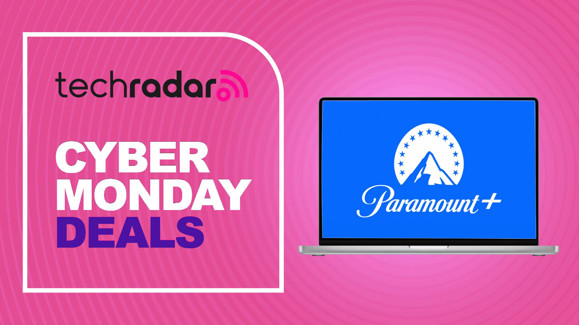 A Cyber Monday deals sign next to a laptop displaying the Paramount+ logo
