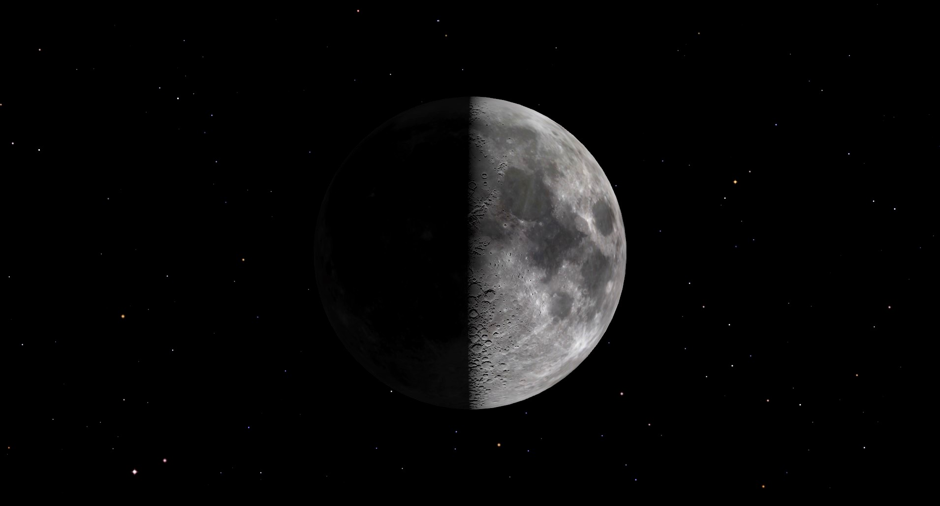 La mitad derecha de la cara de la luna brilla intensamente en medio de un cielo oscuro y lleno de estrellas.