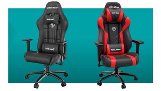 Two AndaSeat gaming chairs on a turquoise background