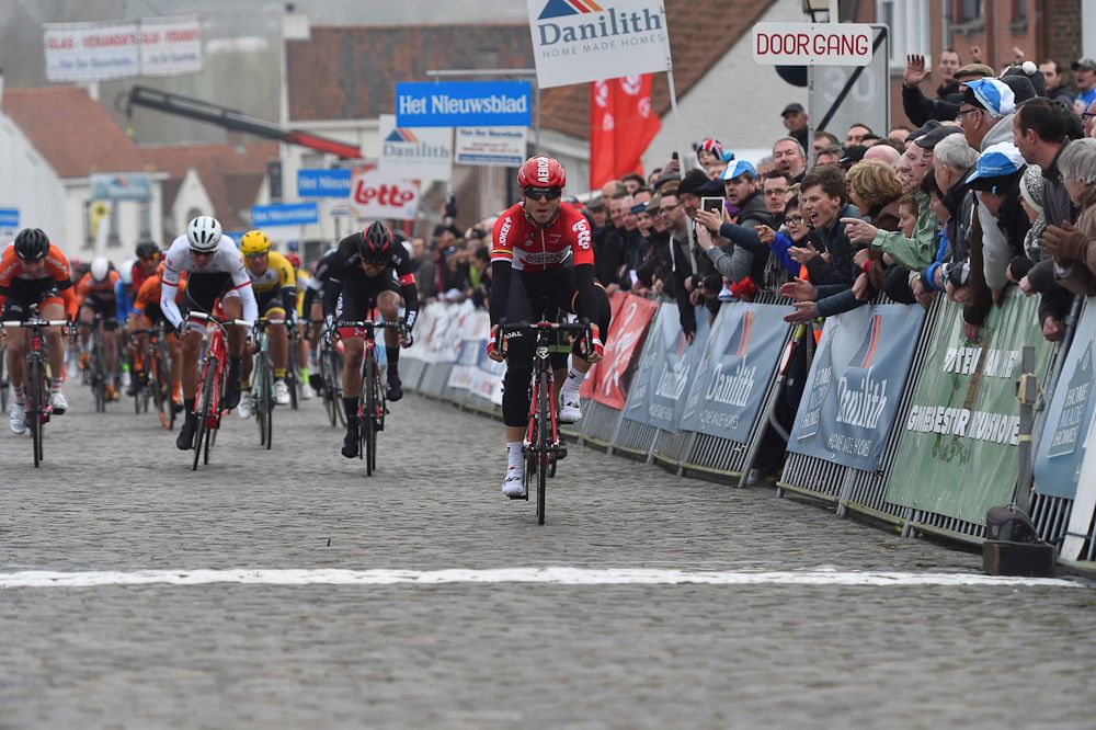Kris Boeckmans crosses the line to win Nokere Koerse.