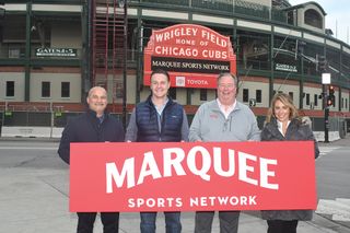 Ready to roll out Marquee Sports Network at Wrigley Field (l. to r.): Jorge Vazquez, controller; Vincent Sollecito, senior VP, ad sales; Michael McCarthy, general manager; and Amy McDevitt, VP, marketing. 