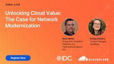 A webinar from Cloudflare with title, logos, and contributor images discussing the case for network modernization to unlock cloud value