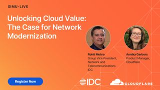 A webinar from Cloudflare with title, logos, and contributor images discussing the case for network modernization to unlock cloud value