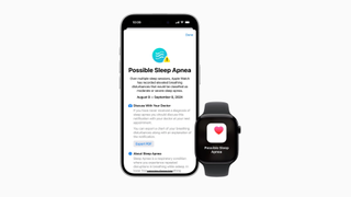 A phone showing a sleep apnea notification next to an Apple Watch